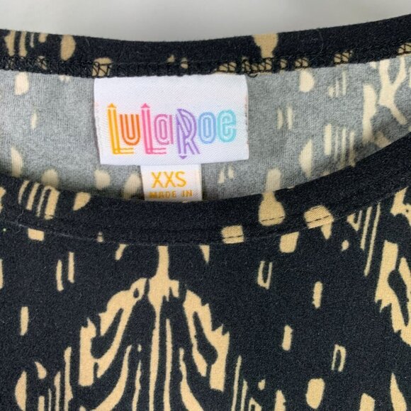 Lularoe Irma Half Sleeve Tunic High Low Cotton Blend Sz XXS Black Beige Print - Picture 2 of 5